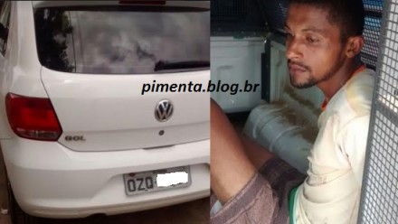 Carro roubado no Zildolândia e o assaltante Paulo Sérgio, preso pela PM (Foto: Pimenta)