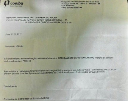 Coelba desligou energia a pedido da Prefeitura (Foto: Ubatã Notícias)